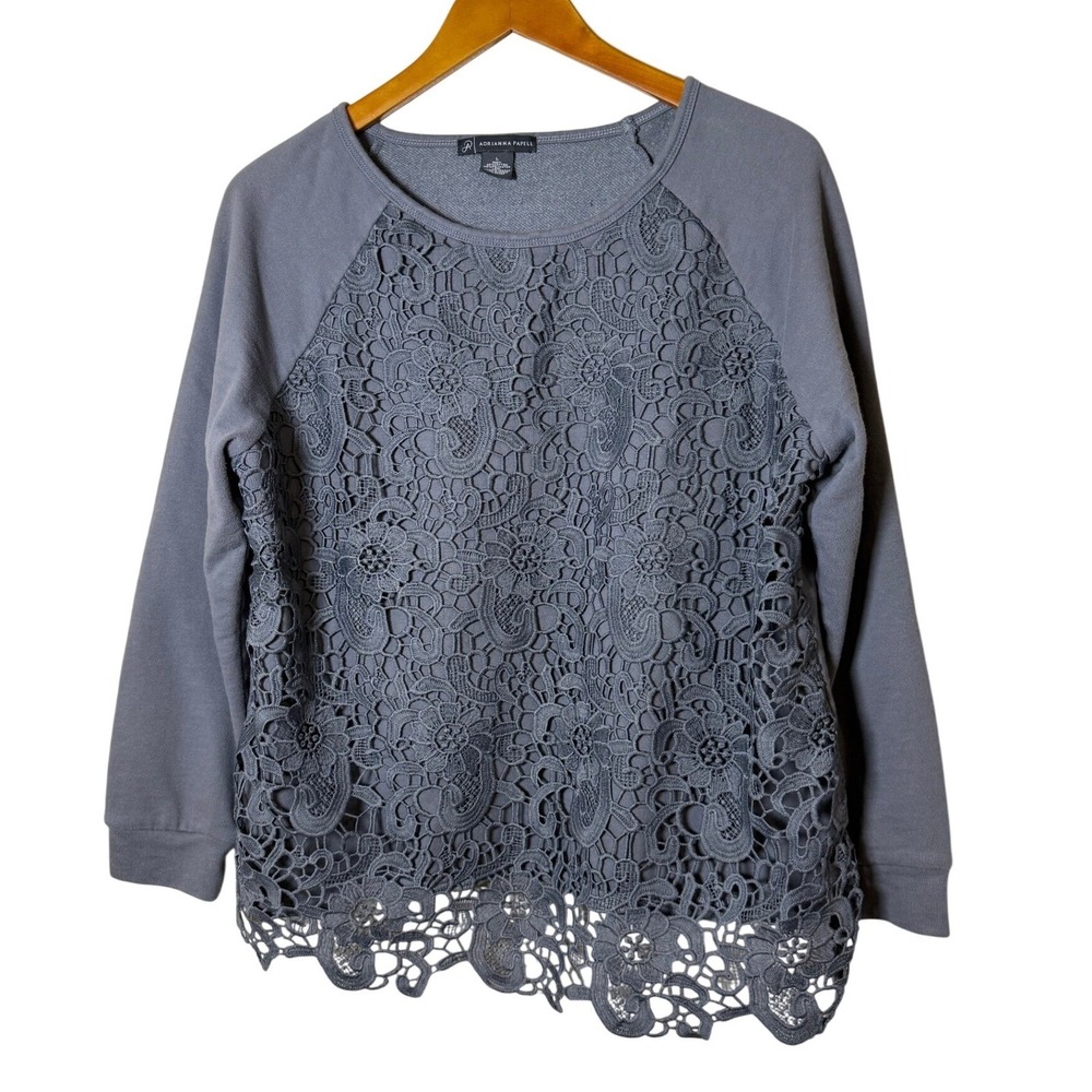 Adrianna Papell Women Sweatshirt L Gray Lace Overlay Raglan Romantic Boho Chic